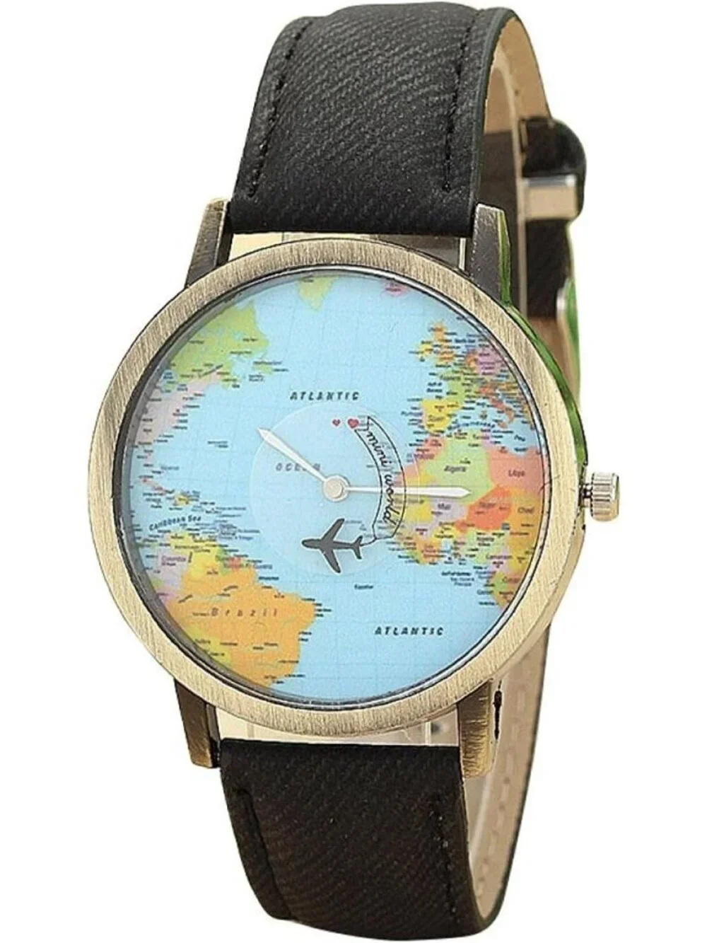 Unisex Black Quartz Leather Band Retro Bronze Case Global Travel World Map Watch